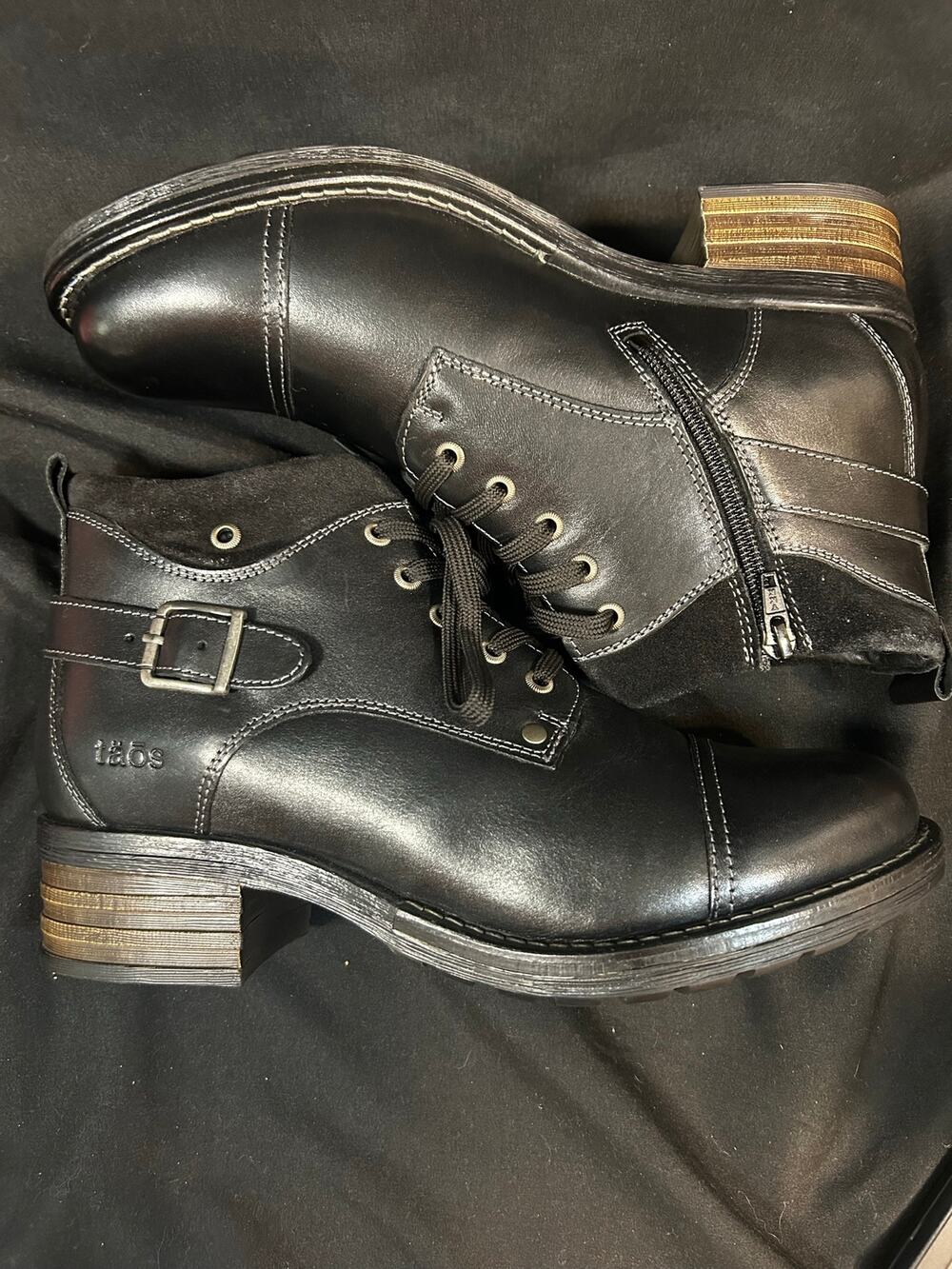 Taos Mini Crave Black Leather Ankle Boots Women 10 EU 41 Buckle Lace Zip